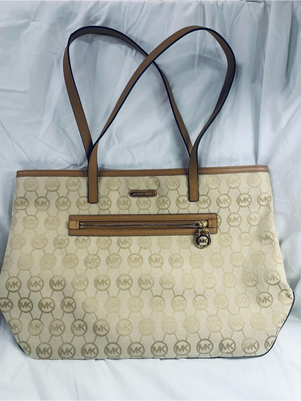 Michael Kors Beige MK Monogram Jacquard Large Tote Bag